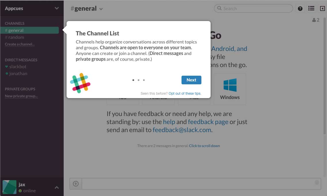 Slack user onboarding flow step 2