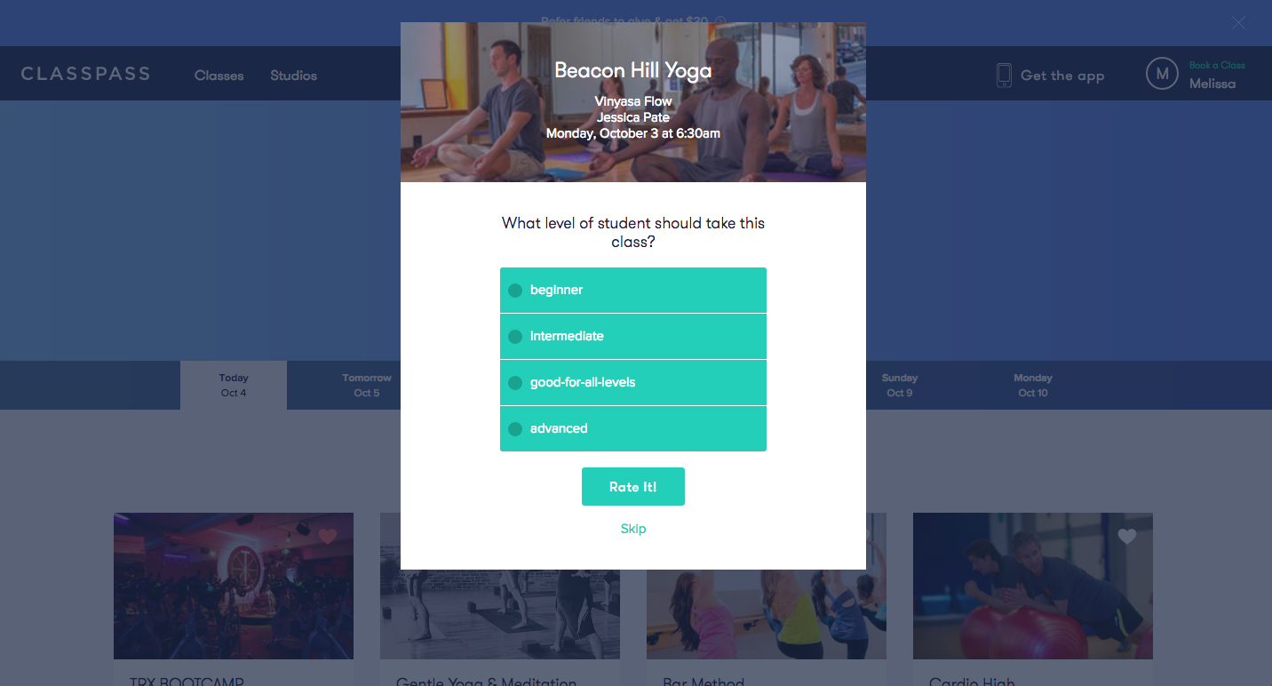 Classpass feedback UI modal