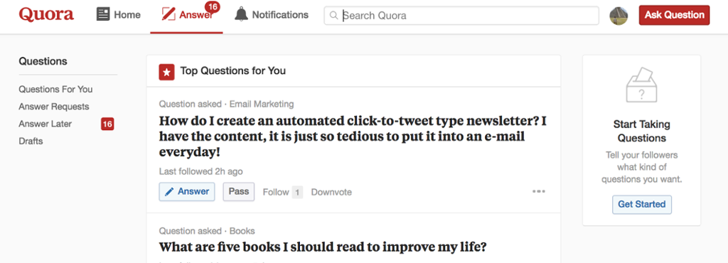 quora uses a series of in app messages to keep users engaged. this in app message prompts users to customize thier experience