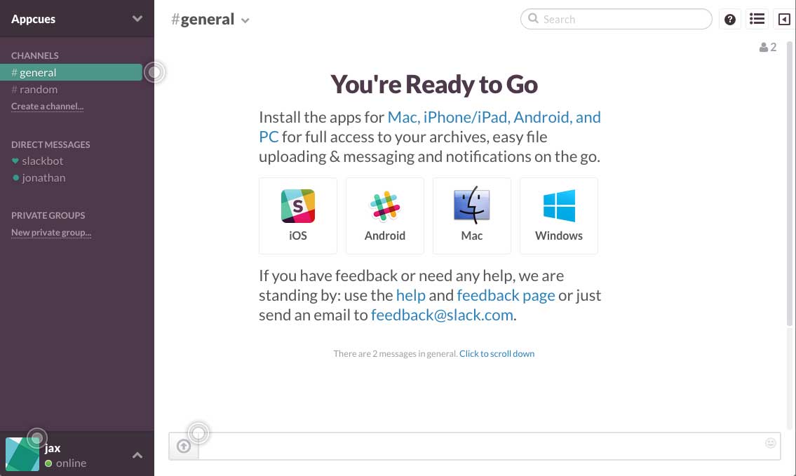 Slack user onboarding flow step 1