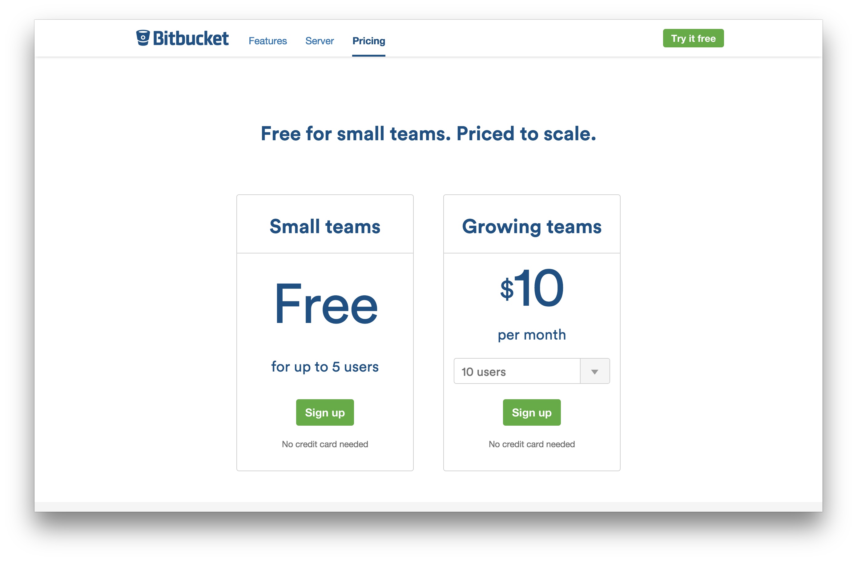 BitBucket pricing packages
