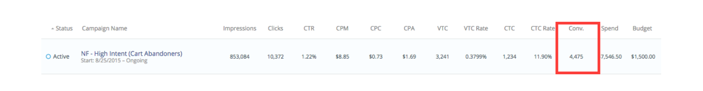 A screenshot of a sample conversion segment in AdRoll