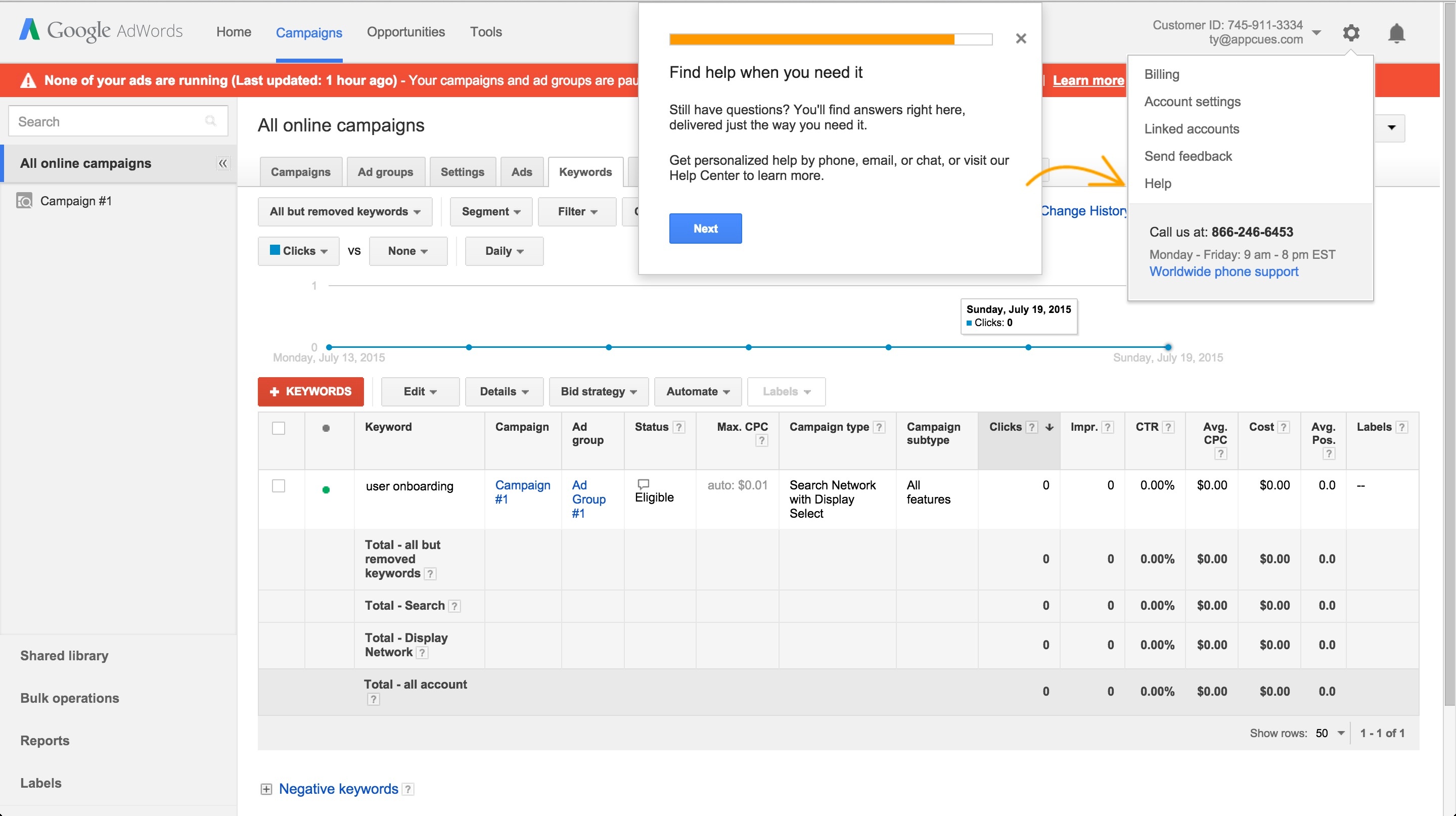 Adwords onboarding tour step 13
