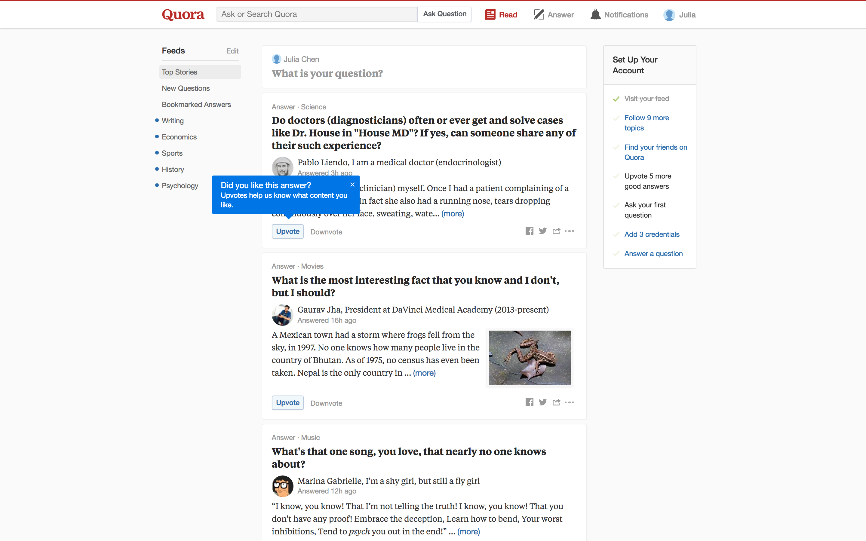 Quora onboards new users with a tooltip to increase product adoption