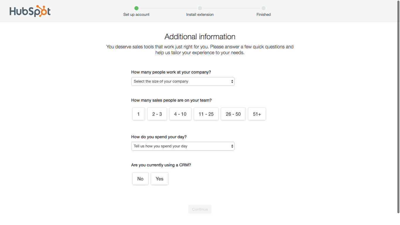 HubSpot user onboarding company information