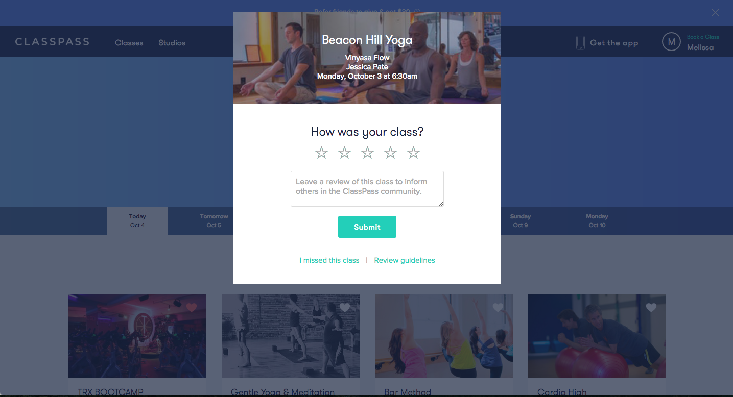Classpass ratings UI