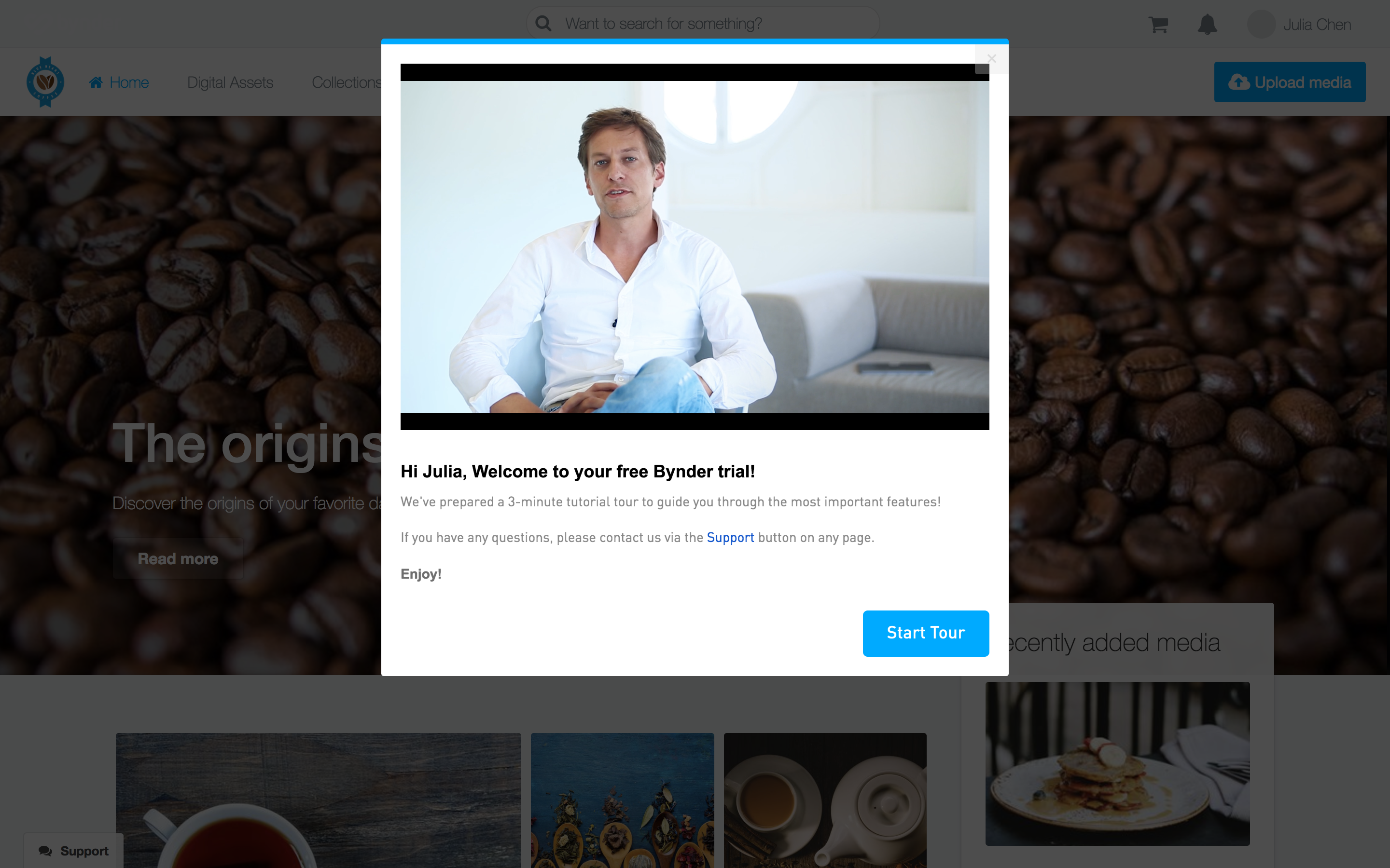Bynder user onboarding welcome message modal