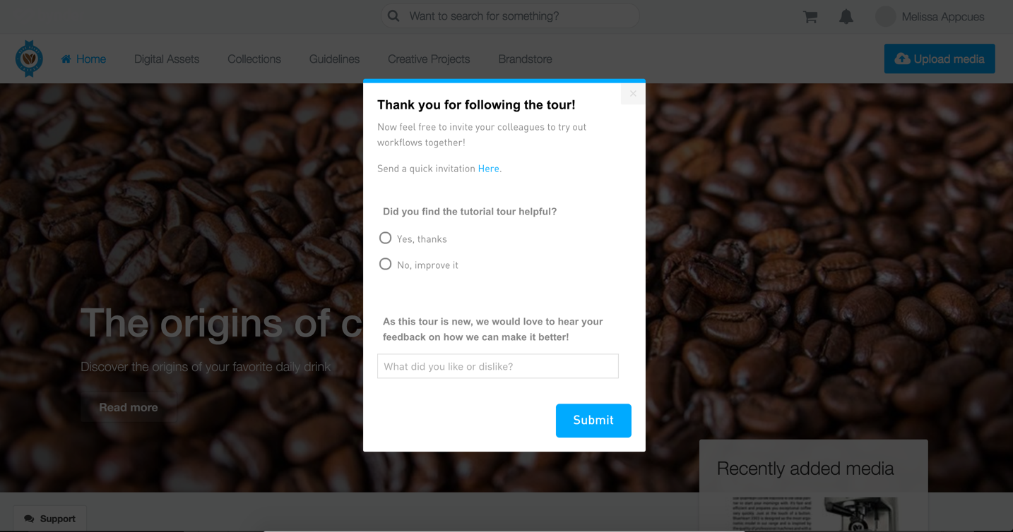 bynder product tour feedback modal