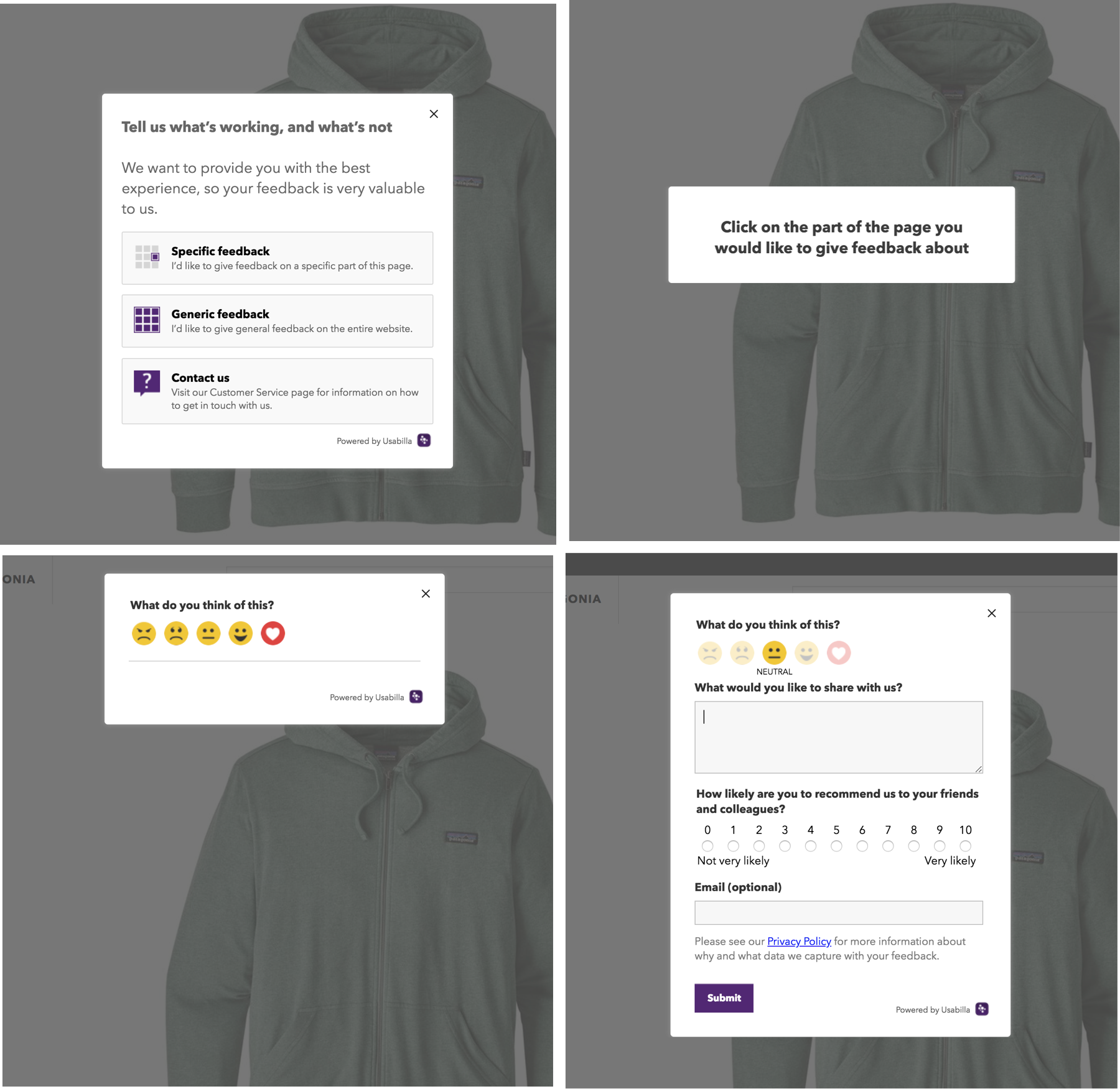Screenshots of Patagonia's feedback modals