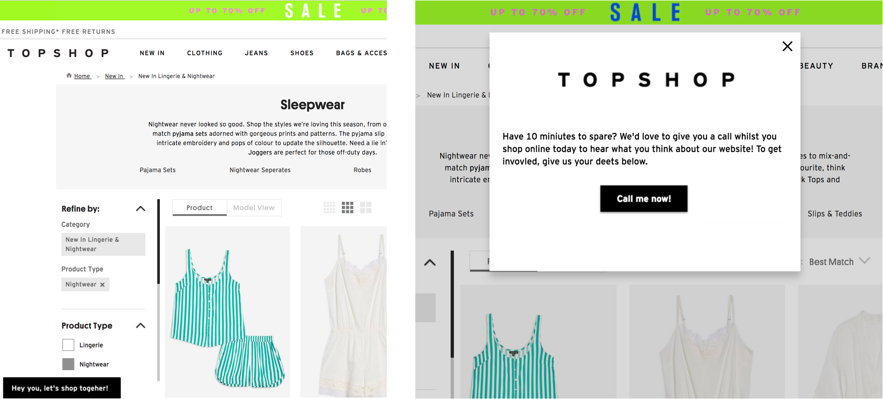 A screenshot of Topshop's modal that invites customers to shop on the line with an employee
