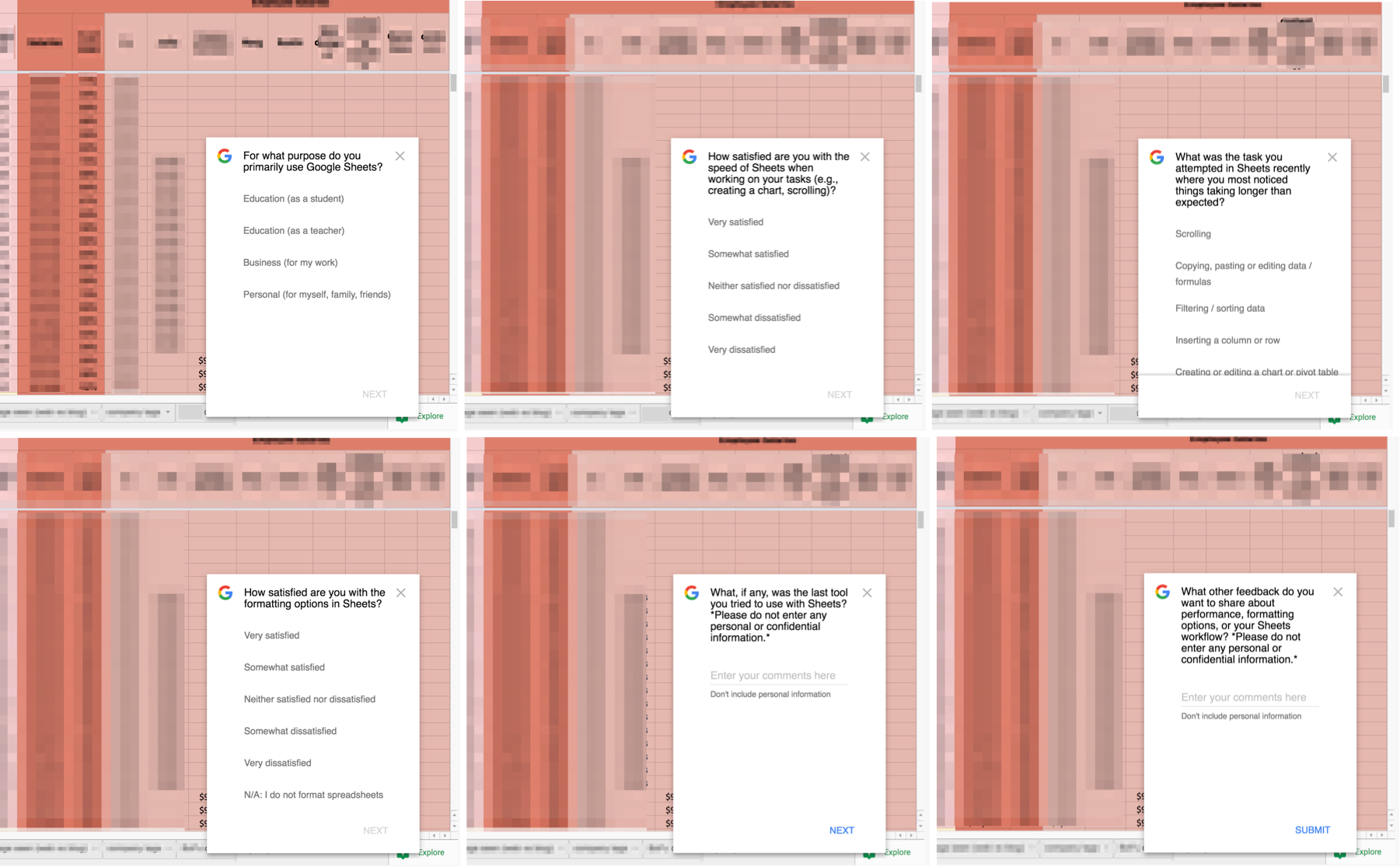 Screenshots of Google Sheets' check in modals