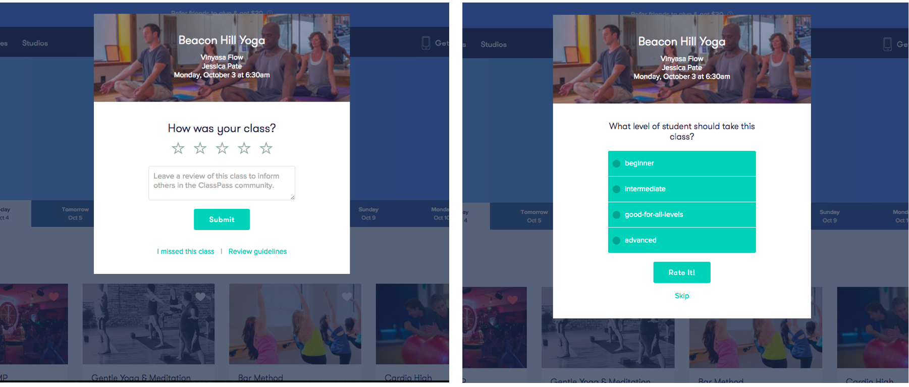 Screenshots of ClassPass's feedback modal that asks how hard the class was