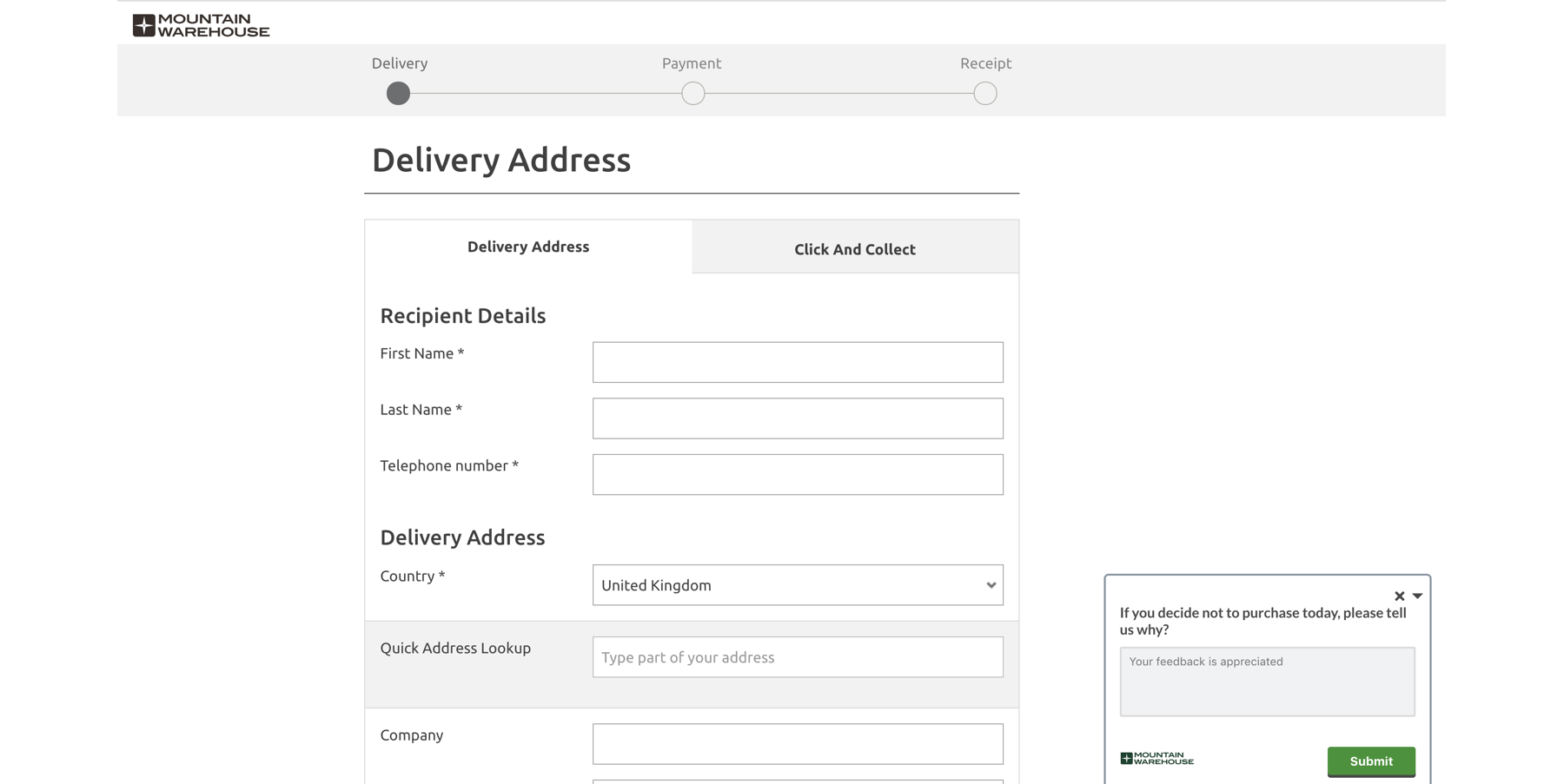 A screenshot of Mountain Warehouse's feedback widget