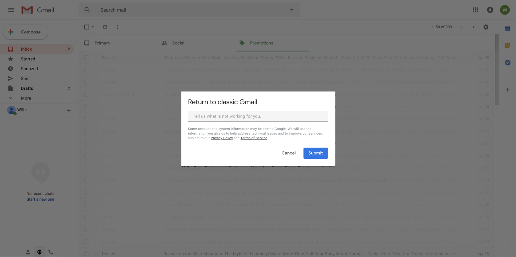 A screenshot of Gmail's modal asking if you want to return to their old UI and asking what isn't working for you