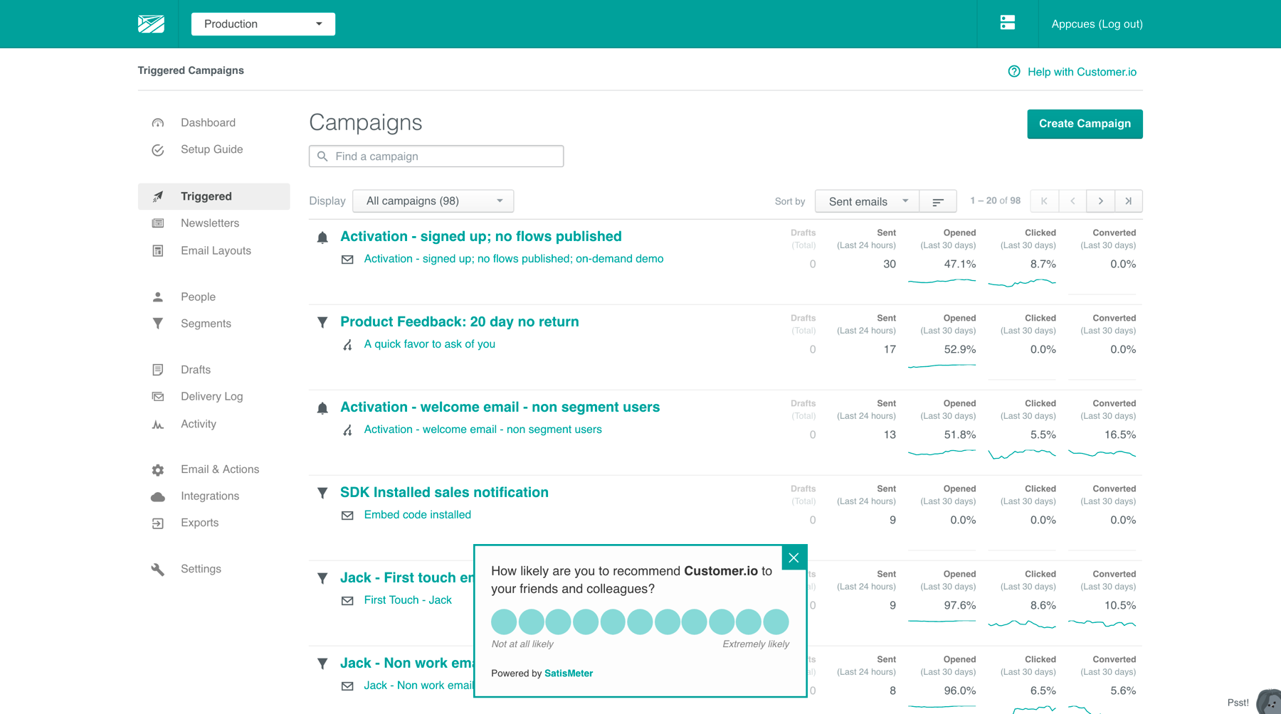 A screenshot of Customer.io's UI with their NPS survey overlayed on it