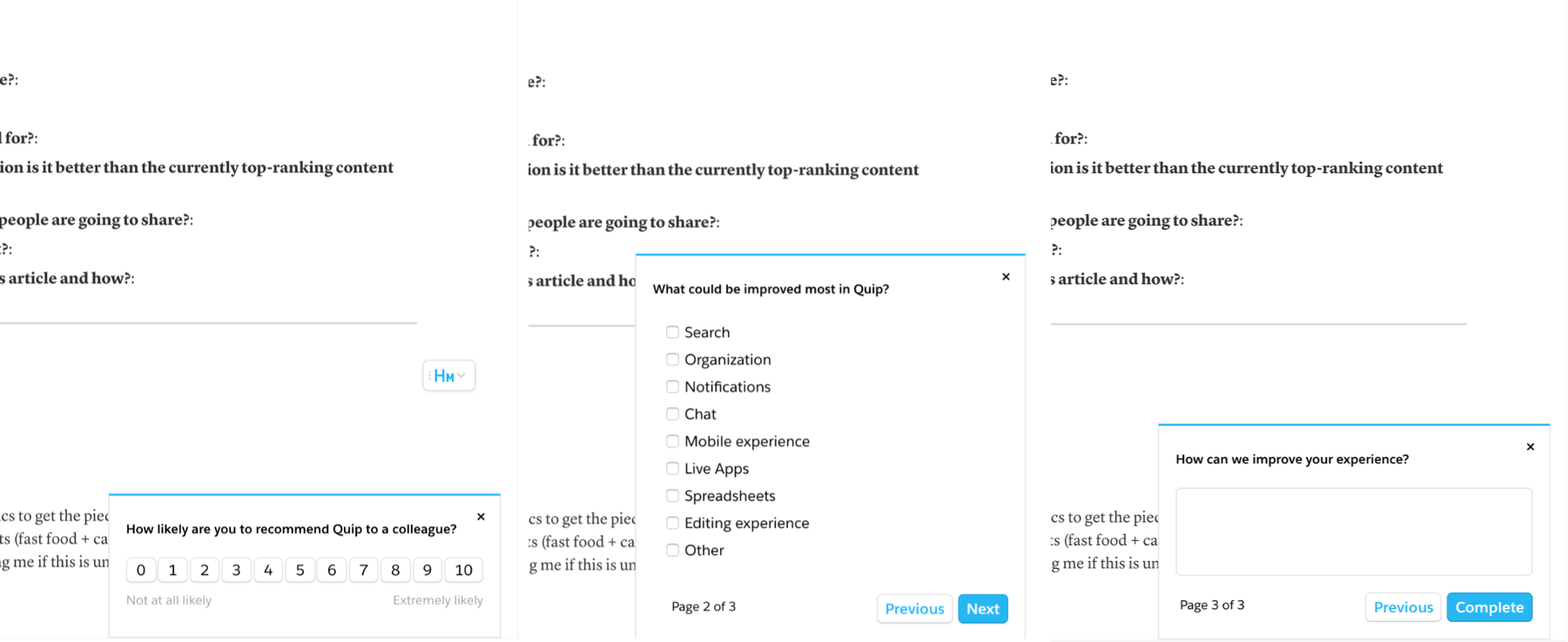 A screenshot of Quip's UI with their 3 step NPS survey
