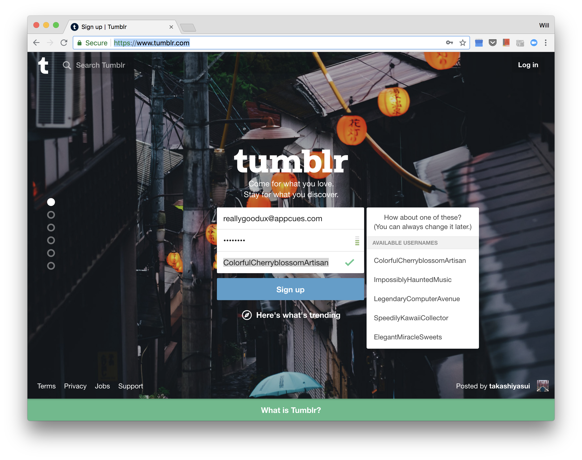 A screenshot of Tumblr's sign in page showing fun available usernames