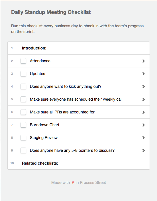 A portion of Process Street's daily standup meeting checklist