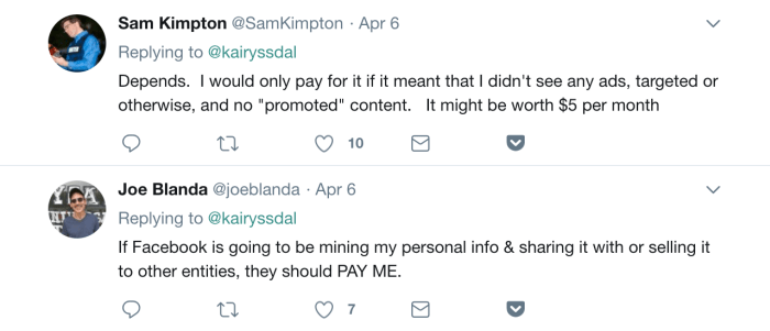 A screenshot of a Twitter conversation around privacy. One person says Facebook would be worth $5 per month to not have ads or promoted content. The other person said Facebook should pay him if they are selling his information.