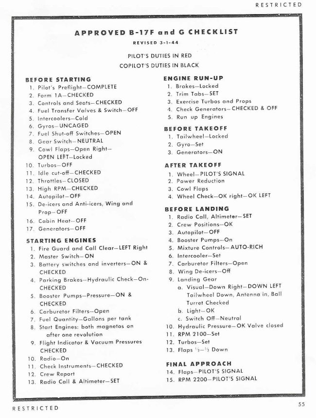 A B-17 pilot's checklist with over 50 line items to complete before take off.