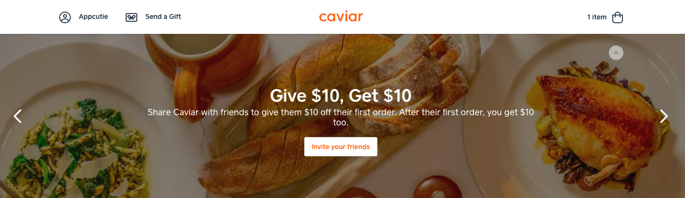 caviar uses a highly visual slide show to grab user attention and generate referrals