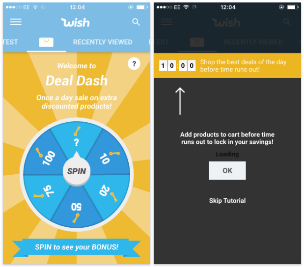 this is an example of wish's gamification in its app.gamification example