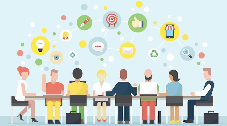 an illustration showing ideation and idea sharing. hybrid product development strategies help creat a culture of idea sharing and transparency