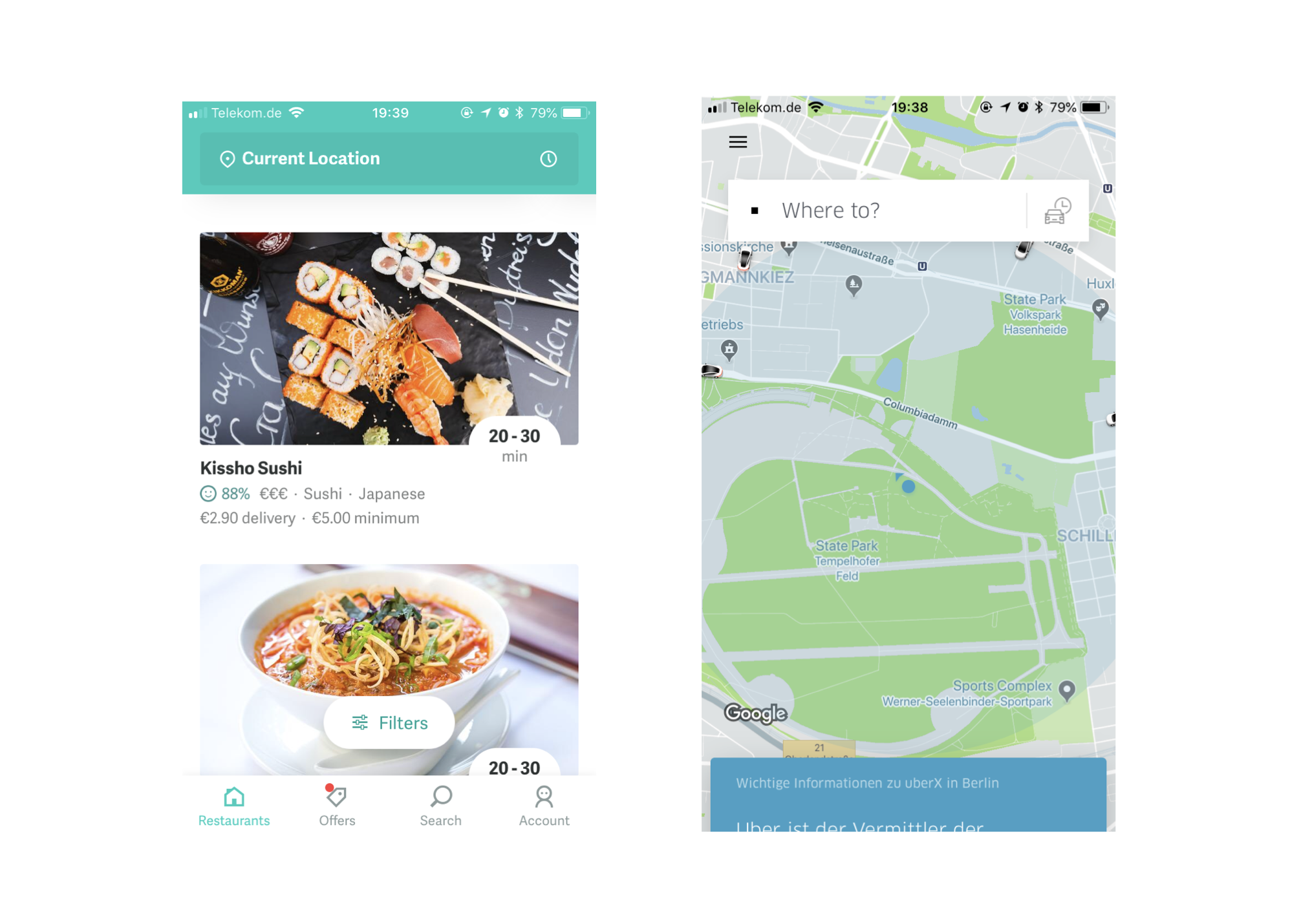 Screenshots of Uber and Deliveroo's app UI. These services seem simple from the user's perspective, but the logistics behind them are quite complex.