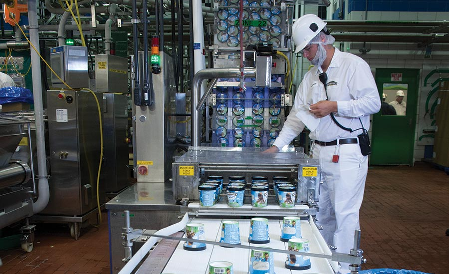A photo of Ben & Jerry's ice cream production. Making ice cream flavors with added ingredients is much more complicated than it might seem.