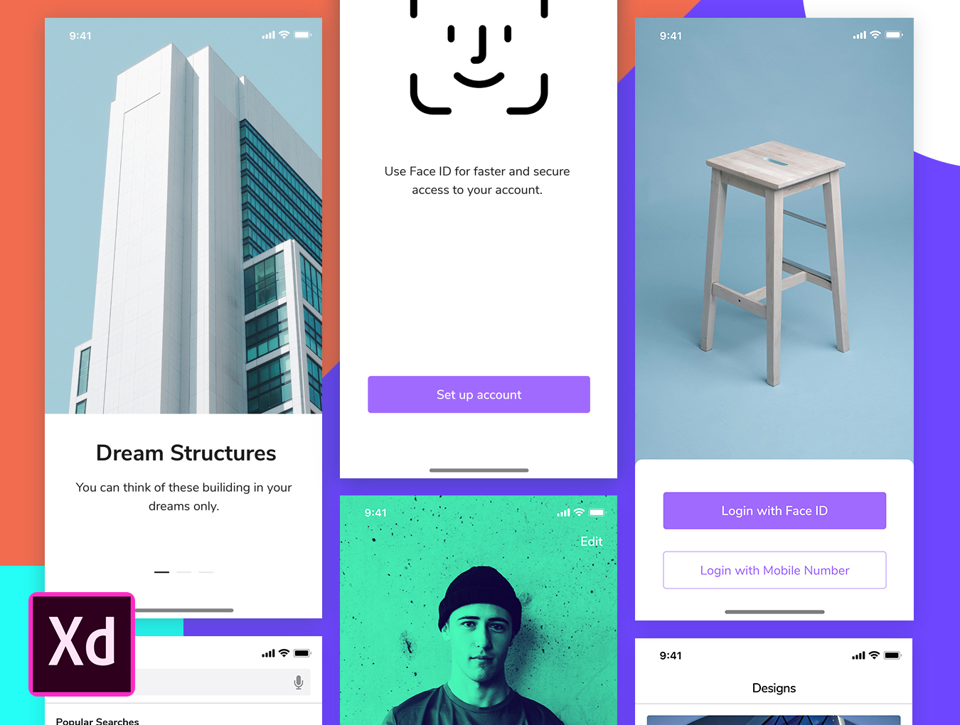 Trendy, modern UI kit with colorful design for iphone x. Adobe XD UI mockup kit