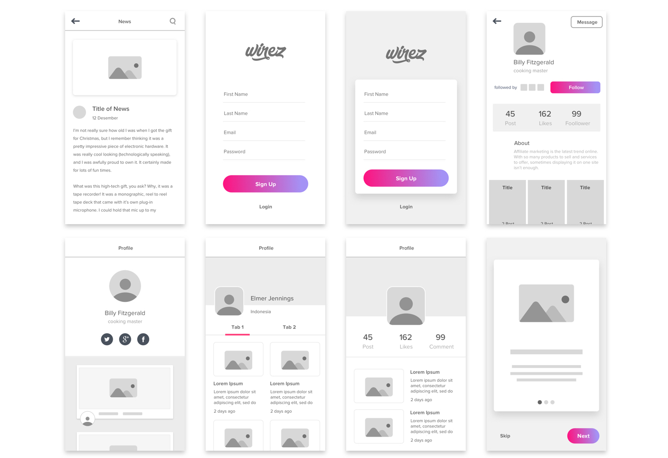 Free wireframe kit for making app wireframes. Low-fidelity wireframe kit with 64 sceens.
