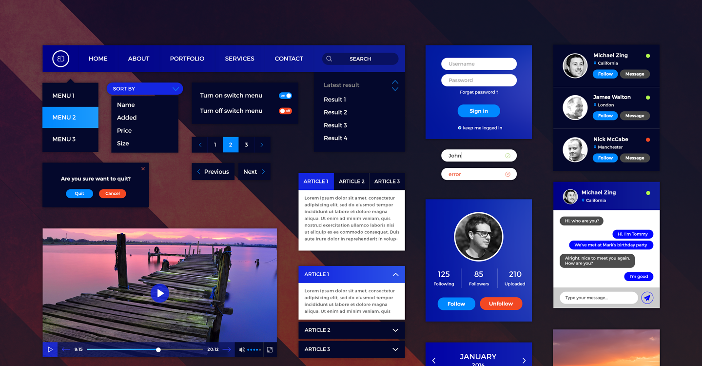 retina ready UI kit for high resolution screens free to download. Dark, purple, blue UI kit for gaming,