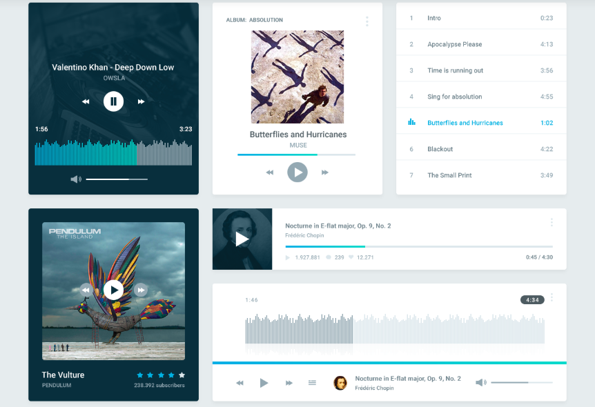 Pixel-perfect UI kit for photoshop with multiple categories including and music (shown in screenshot).