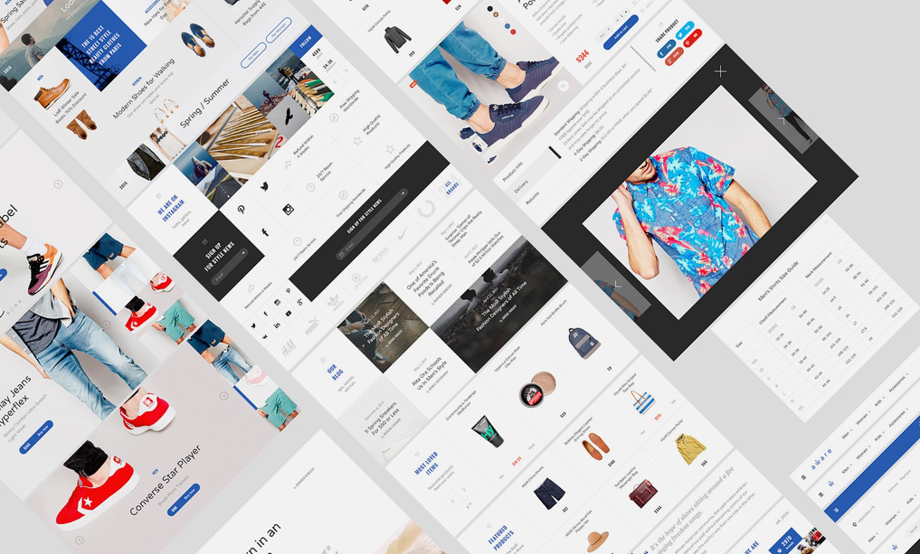 Example screenshots of free ecommerce UI kit with a clean, modern design.