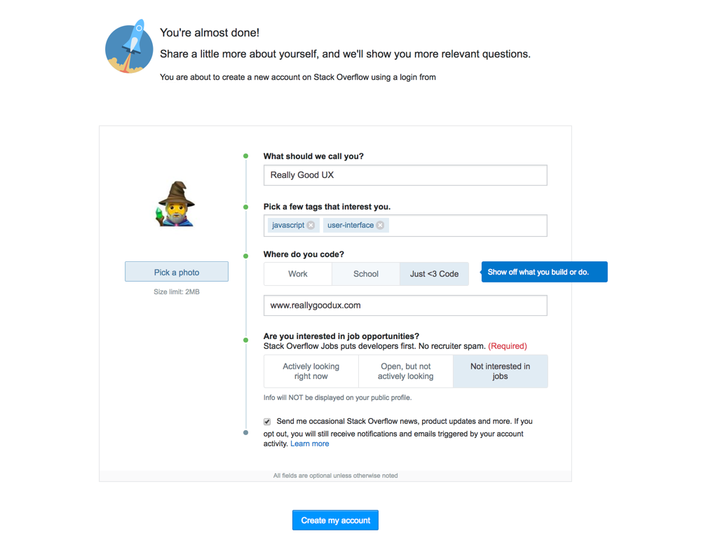 An example of onboarding UX with multiple choice options. A signup onboarding flow with tooltips. An example of good UX screenshot of Stack Overflow.