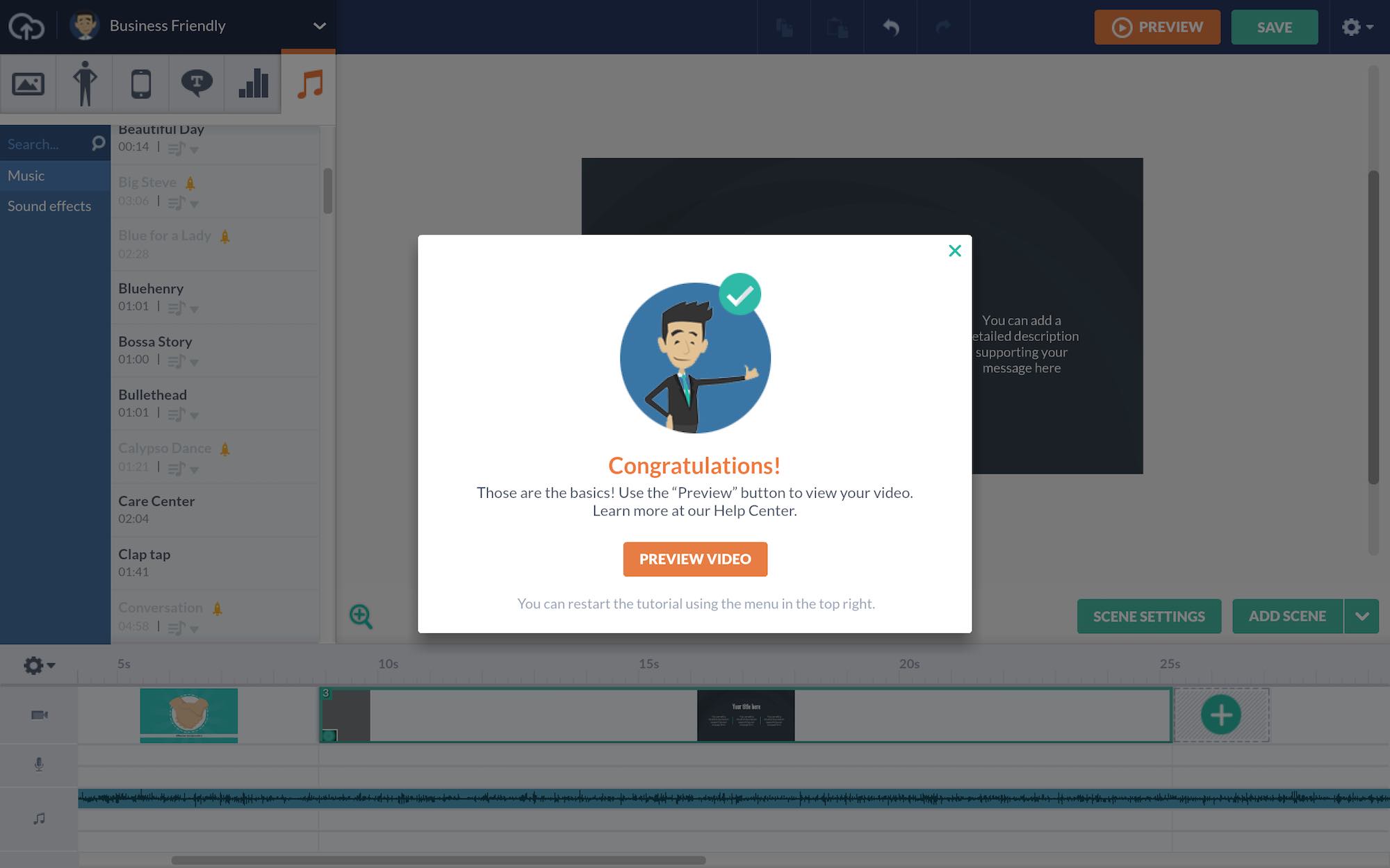 User onboarding example from Vyond congratulates users with a modal for completing task. Reward users using UX