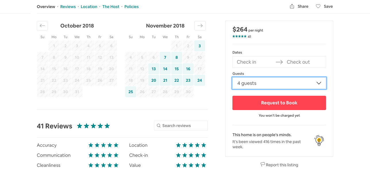 Airbnb's sticky widget is good UX because it encourages users to buy at all points in the page no matter how far they scroll.