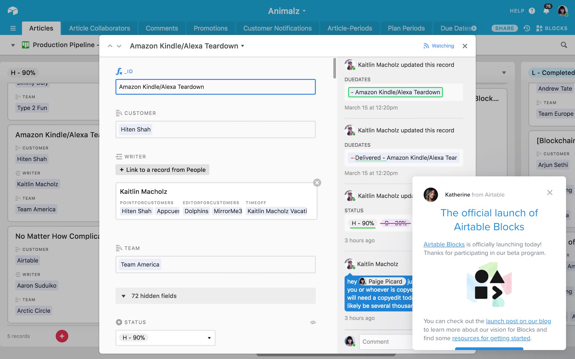 Airtable screenshot of good feature announcement UX. Airtable used a scroll box to announce a new feature