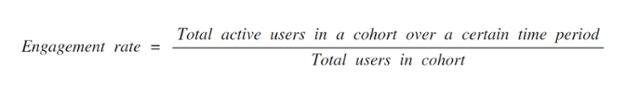 This formula shows that engagement rate equals total active users in a cohort over a certain period of time, divided by total users in a cohort