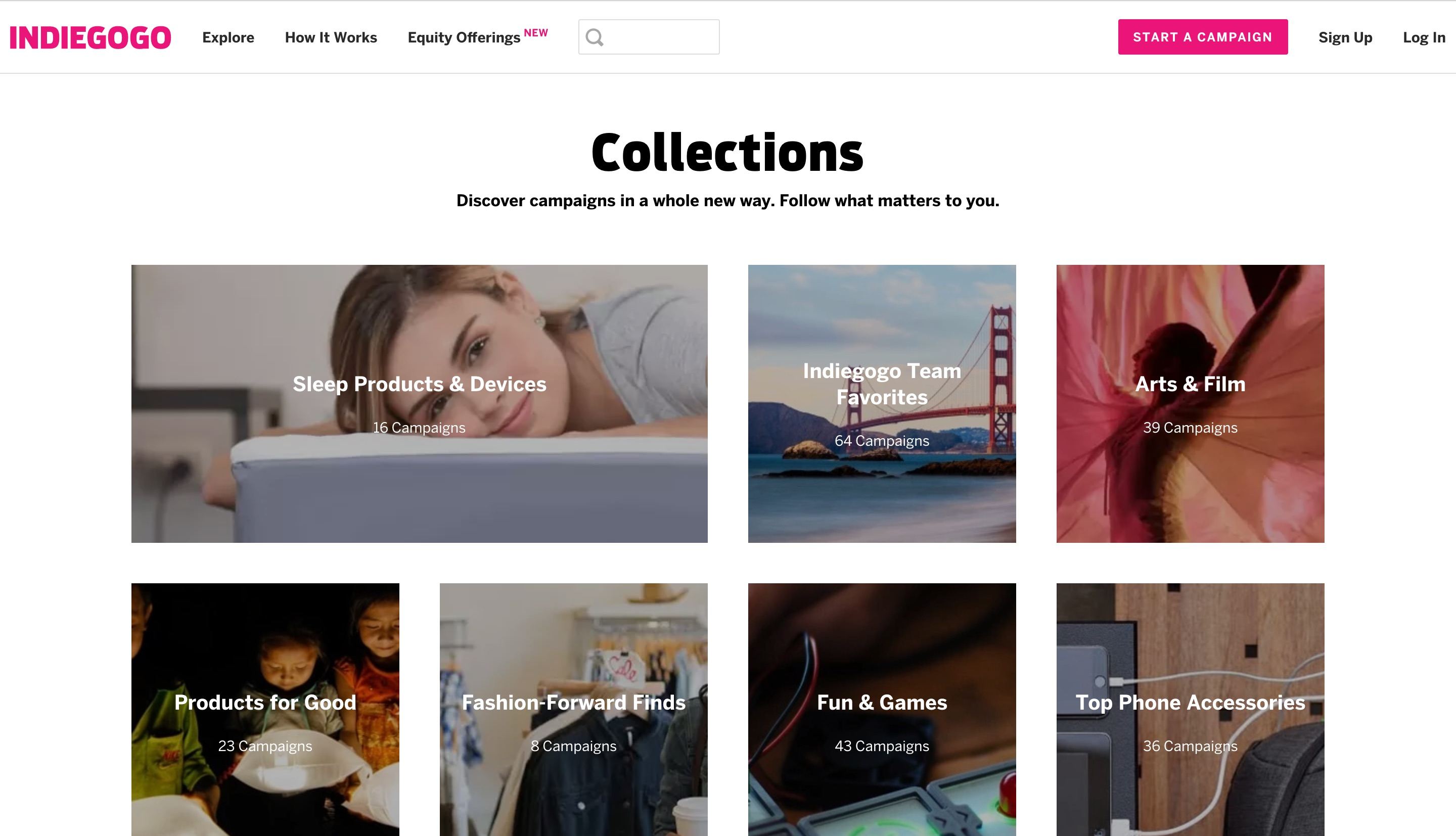 this is a screenshot of a crowdfunding platform before implementing in-app messaging. indiegogo, pictured, introducted a new feature called collections. this is a screenshot of the collections screen before coach marks.