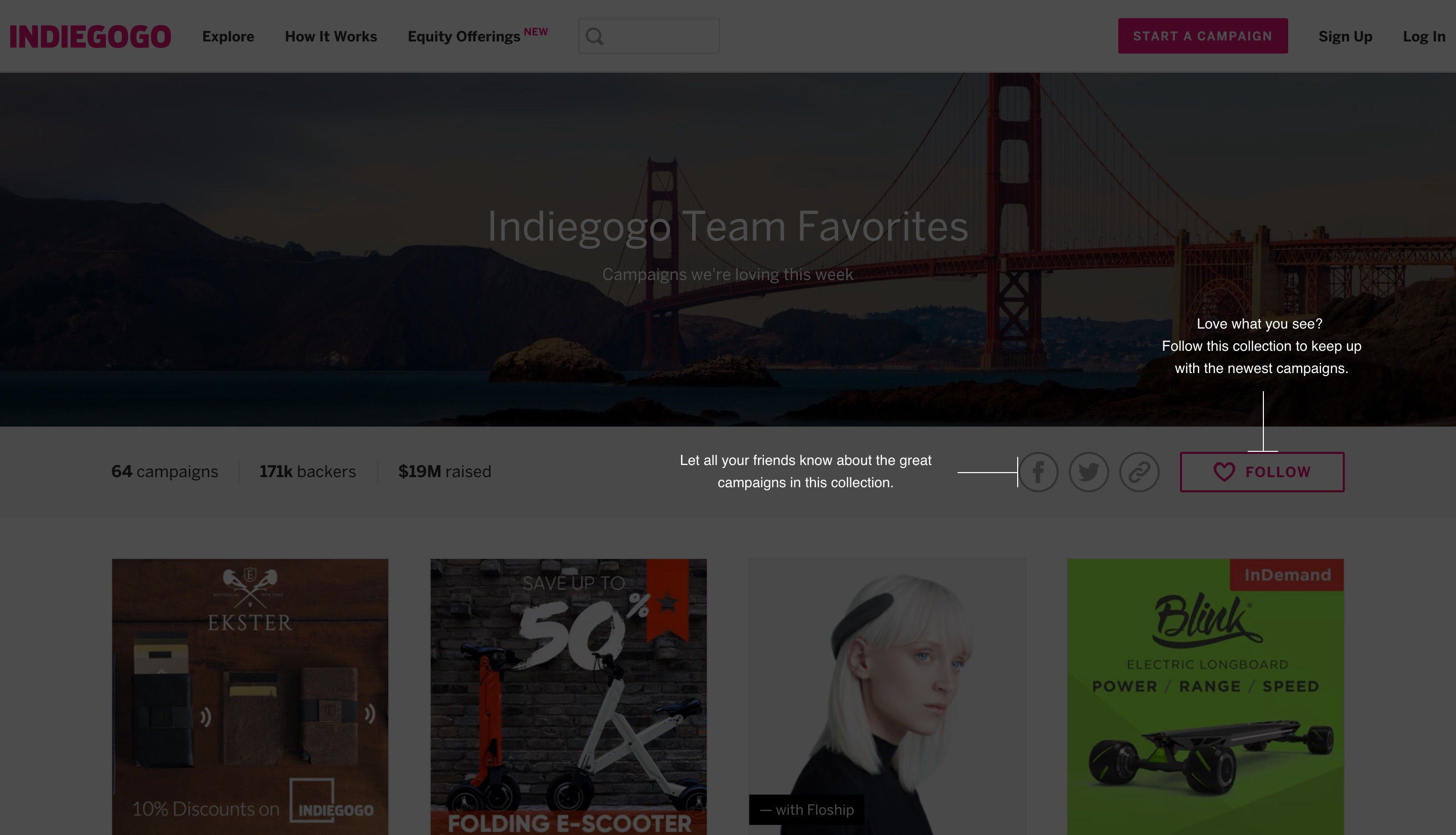 This image shows indiegogo's coach marks, which help users discover new features by highlighting important buttons