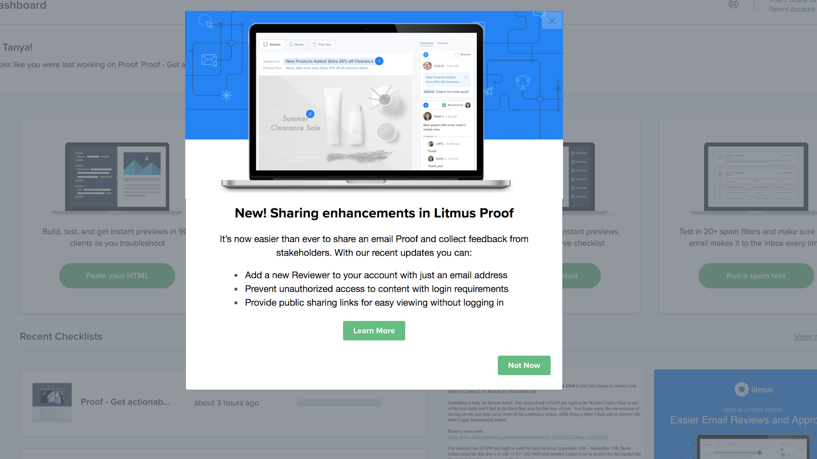 This screenshot shows a new feature announcement example from Litmus. It shows a modal that says "new! sharing enhancements in Litmus Proof" and gives more information about the new feature. This is a feature announcement example built using Appcues.