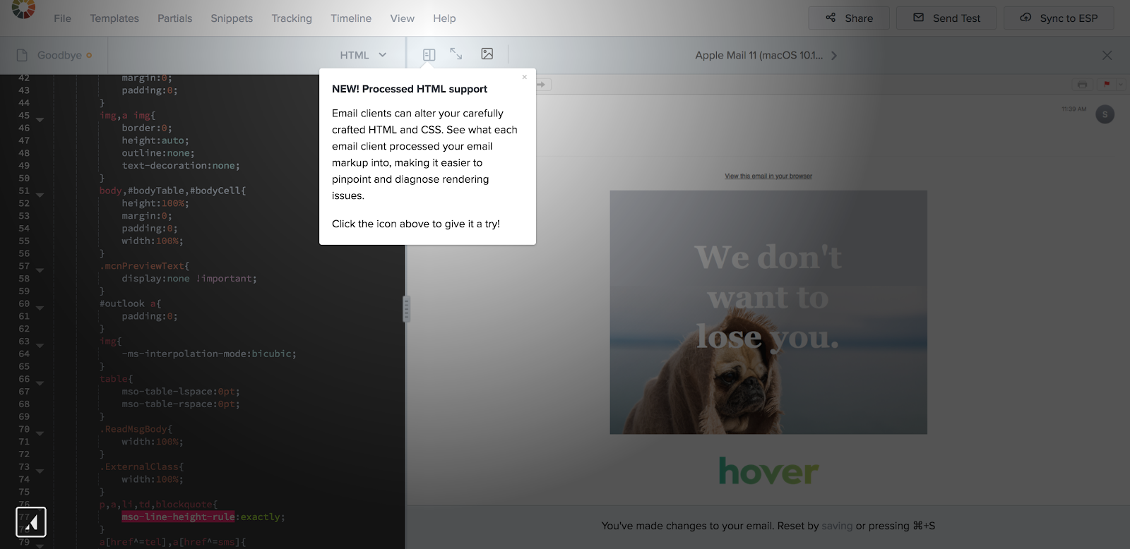 This is an example of a tooltip used for new feature adoption. This tooltip was built with Appcues and is from the Litmus email marketing product. It shows an announcement that says "new! processed html support" that points to an icon on a screen.