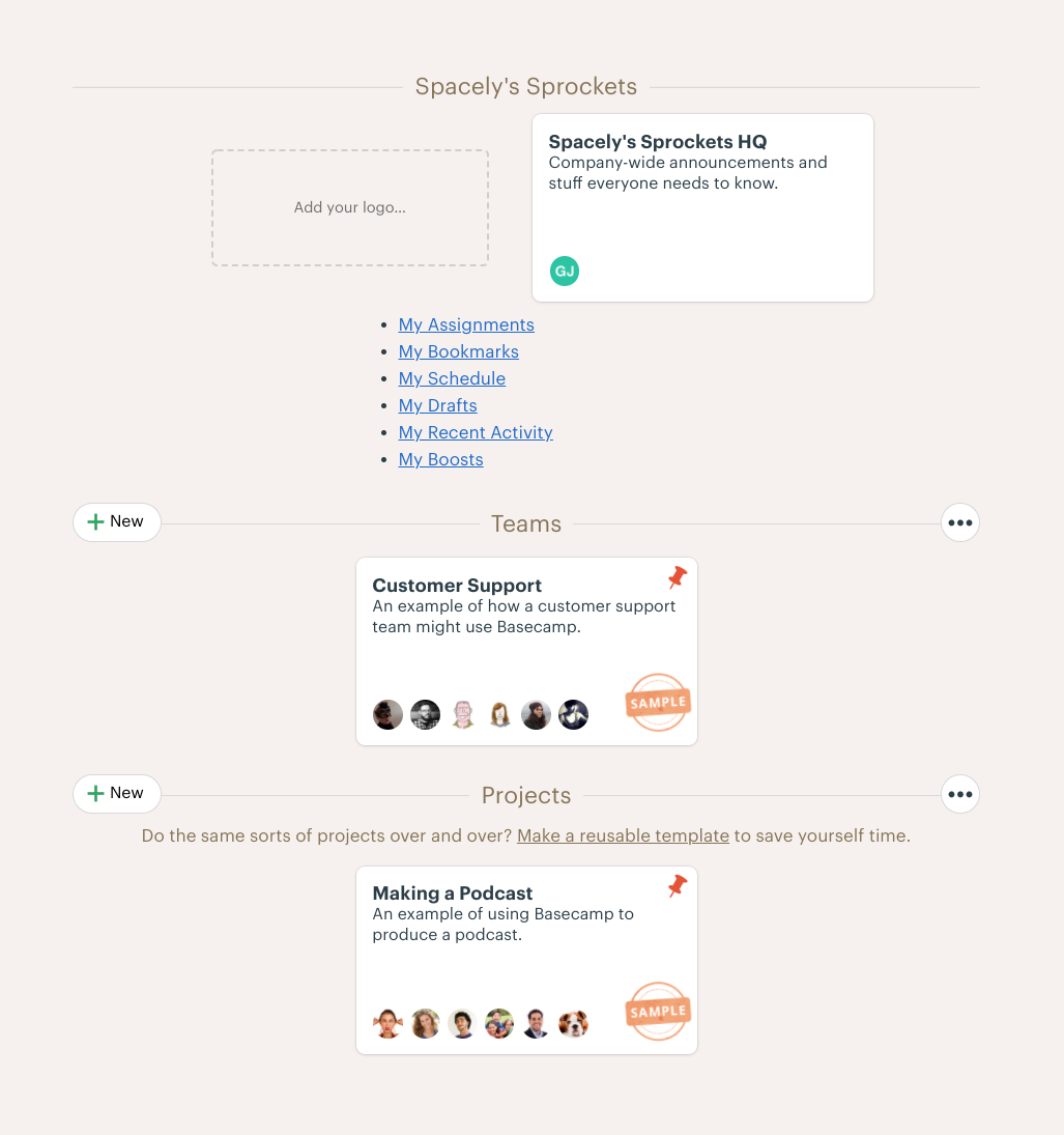 This is a screenshot of Basecamp's user onboarding. It is an example of empty states being prepopulated with example data to show users how to use a product. It shows some "cards" filled in with example teams, projects, and collaborators.