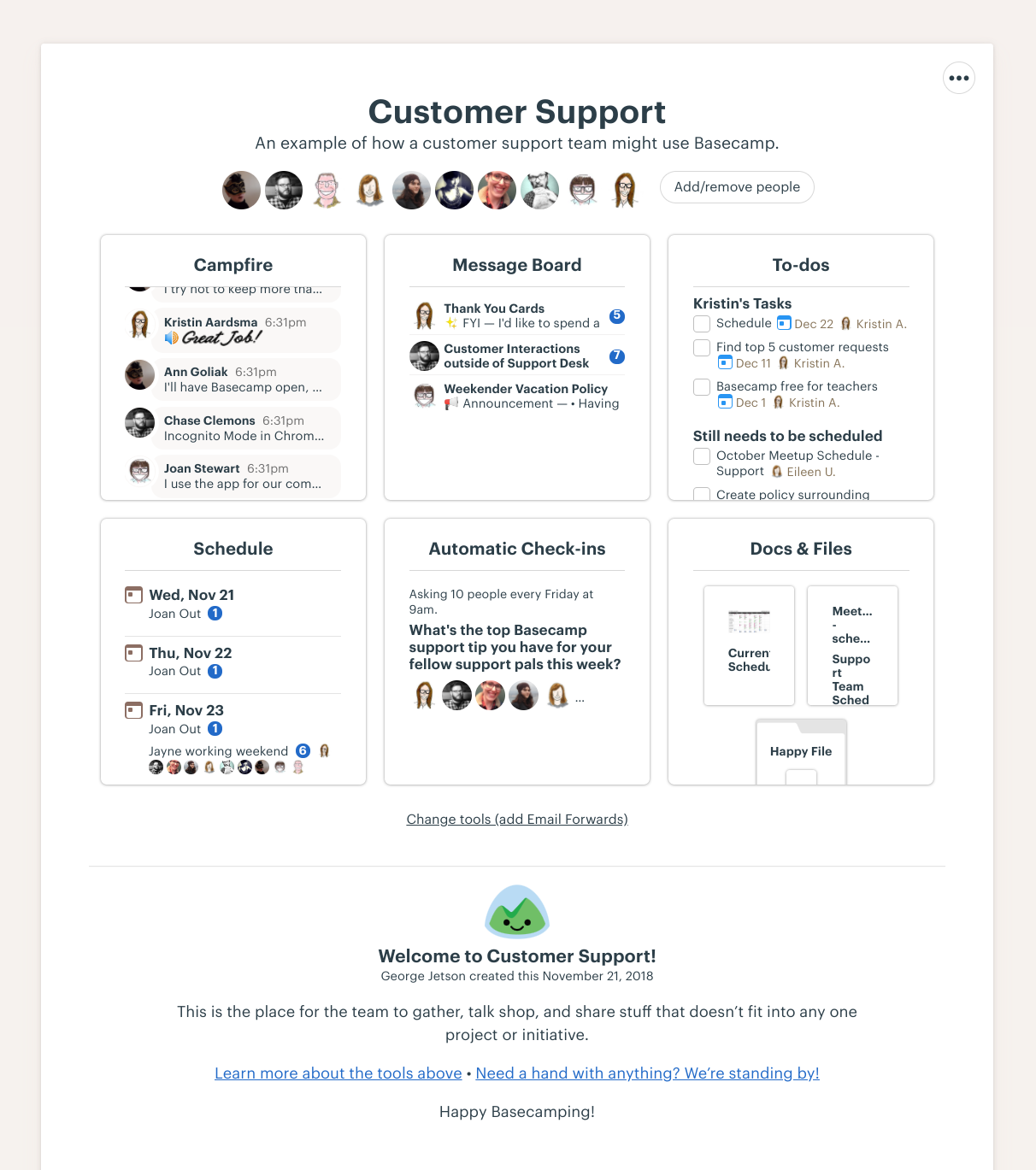 This is an example of prepopulated empty states. It is a screenshot of Basecamp, showing an example team's workspace with a prepopulated message board, to do list, schedule, etc.