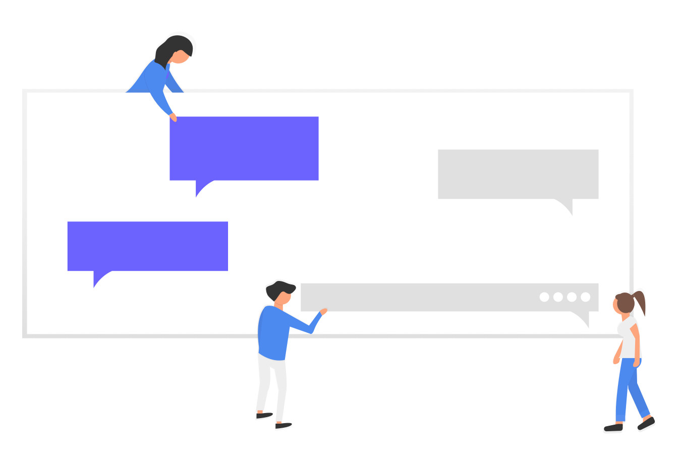 This is an illustration of three people pointing at different tooltips, which are a UI pattern common in onboarding. The tooltips are grey and purple.