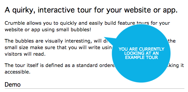 This is an interactive produt feature tour for websites or apps made with an open source jquery tooltip plugin. The tooltip is styled and shaped like a bubble.