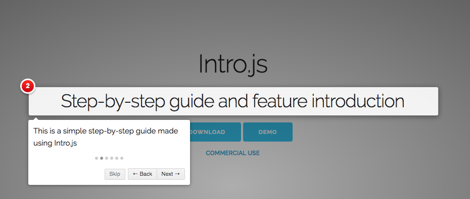 This is a feature introduction tour with spotlights and tooltips. It is a step by step guide made using javascript tooltips. It has numbered tooltips and focus areas.