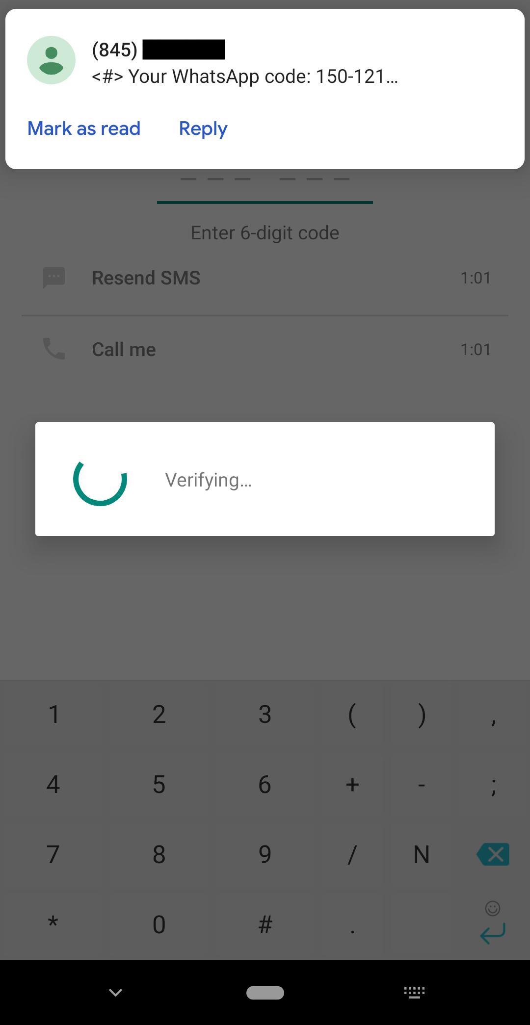 This is an example of an app confirmation code that is automatically verified. Whatsapp sends a text message with a code and then automatically verifies to remove friction during onboarding.