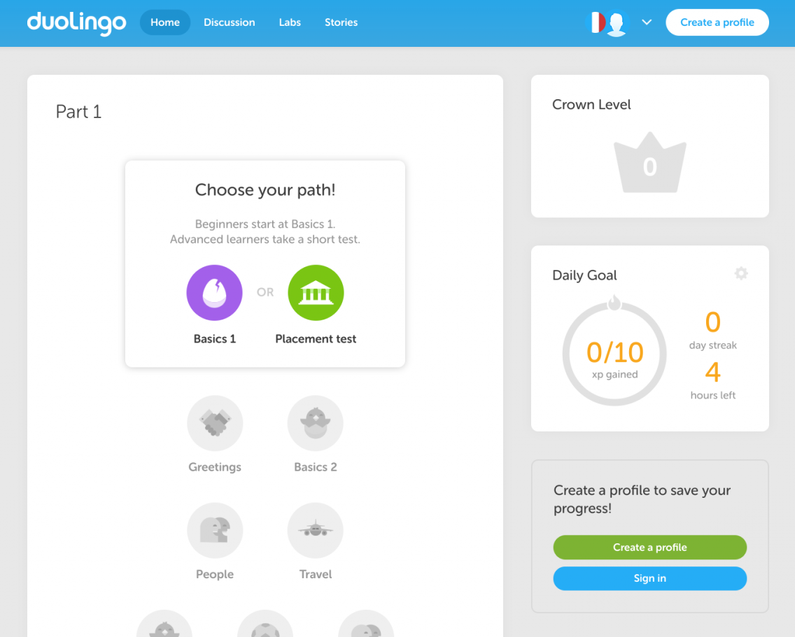 Duolingo's desktop app. This is a screenshot of a simple desktop app that has been inspired by mobile onboarding. Simple icons are shown on the dashboard. Icons for levels that are not yet available are greyed out.